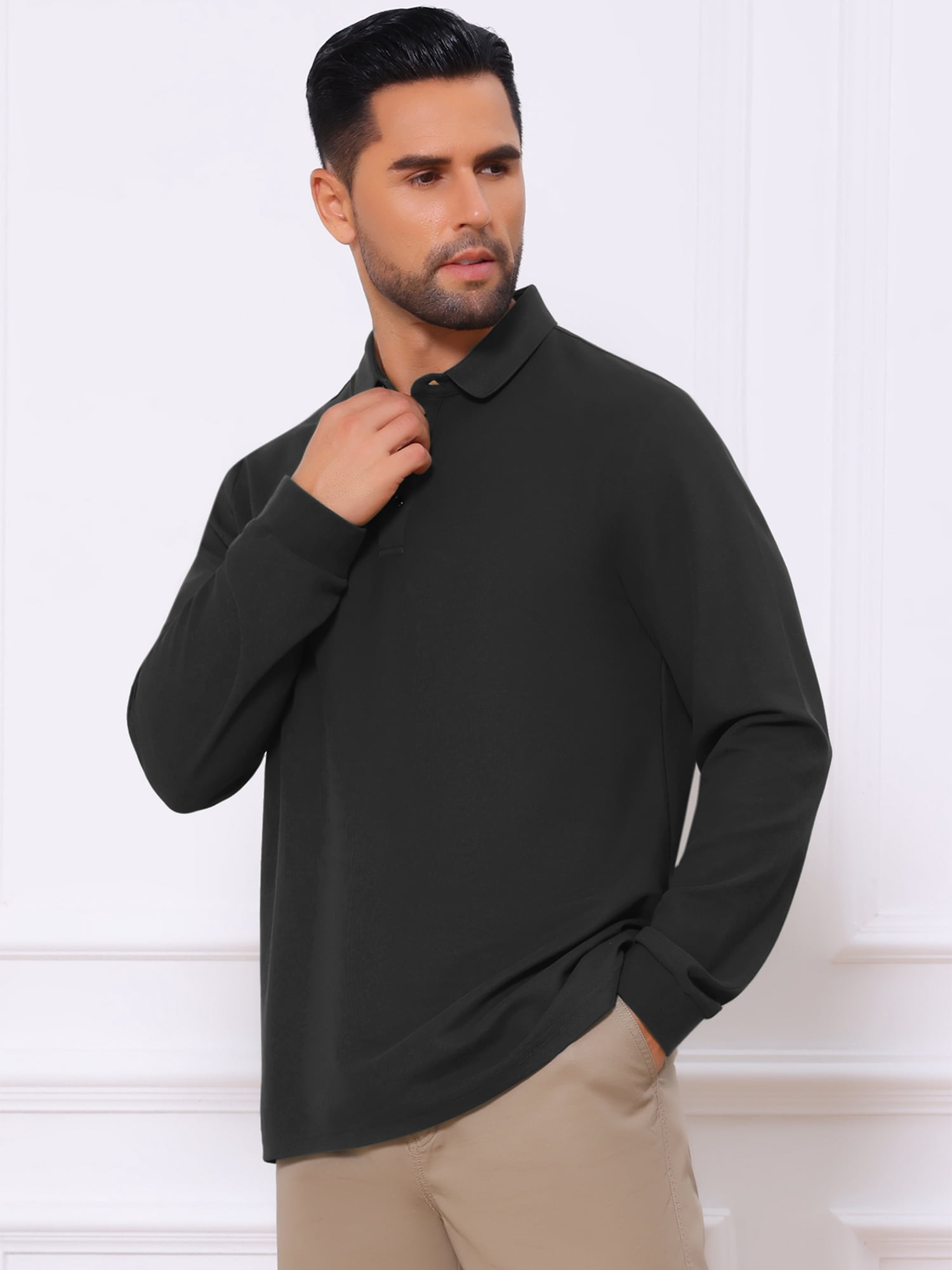 DARING DIVA Men's Classic Solid Color Long Sleeves Basic Golf Polo T-Shirts M Black