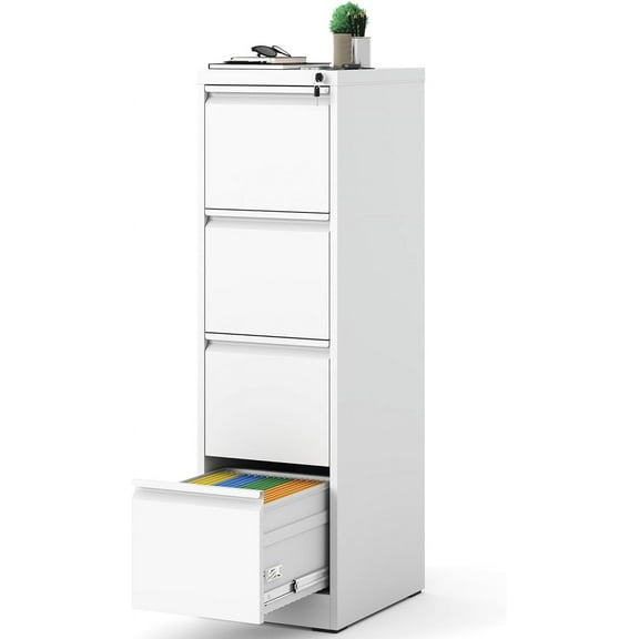 4 Drawer File Cabinet with Lock, 18" D Metal Vertical Filing Cabinets, Steel File Storage Cabinets for Home Office, Hanging A4 Legal/Letter Size Narrow File Cabinet, Assembly Required