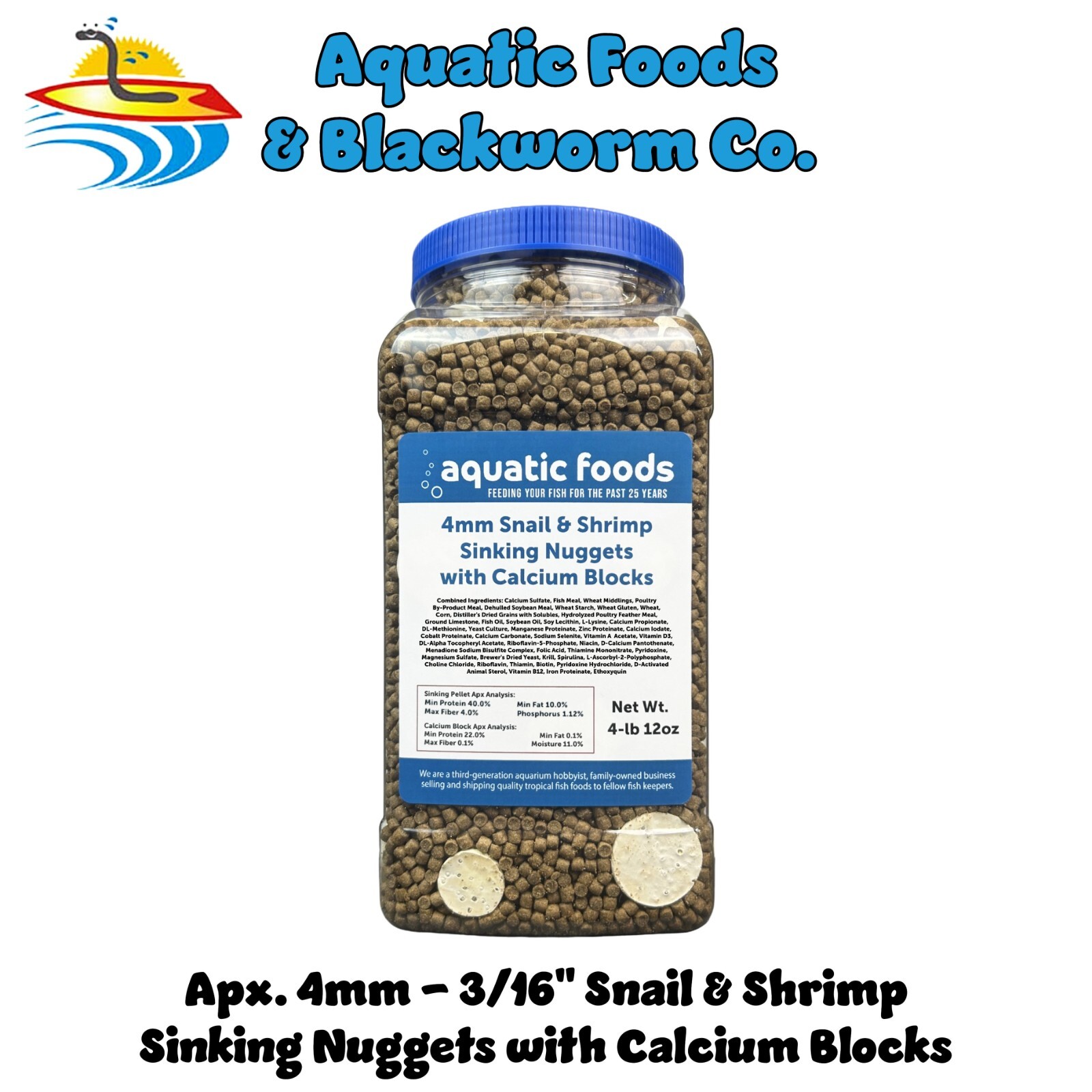 Snail & Shrimp, 4mm-3/16" Sinking 40% Protein Nuggets With Calcium Feeders for Snails, Shrimp, Crabs, All Bottom Tropical Fish 4-lbs 12oz Jar