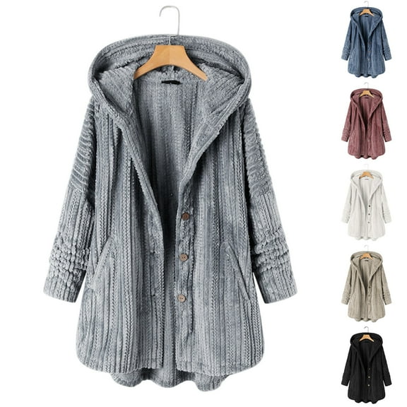 Women's Loose Button Plush Hooded Solid Color Long-Sleeved Mid-Length Coat for Fall and Winter, Comfort Fit, Winter Clothes for Women,Black,L