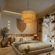 UEEYAC Double layer Natural Rattan Shade Traditional Drum Hanging Pendant Light