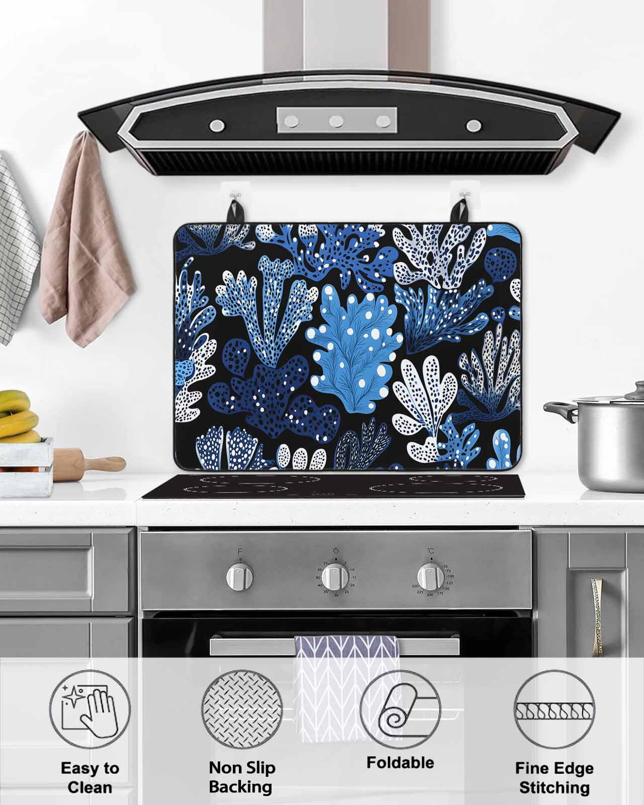 nqOlkjepod Large Induction Cooktop Protector Mat 24"x21", Summer Blue Coral Stove Top Covers for Electric Stove, Coastal Watercolor Ocean Plant Stove Burner Cover Mats, Glass Top Stove Cover