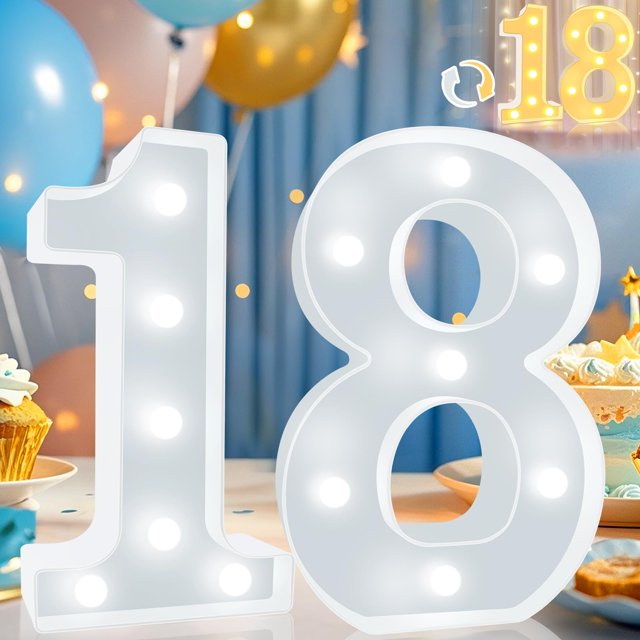 Decoración con números iluminados por LED para fiesta de cumpleaños número 18 de Pooqla