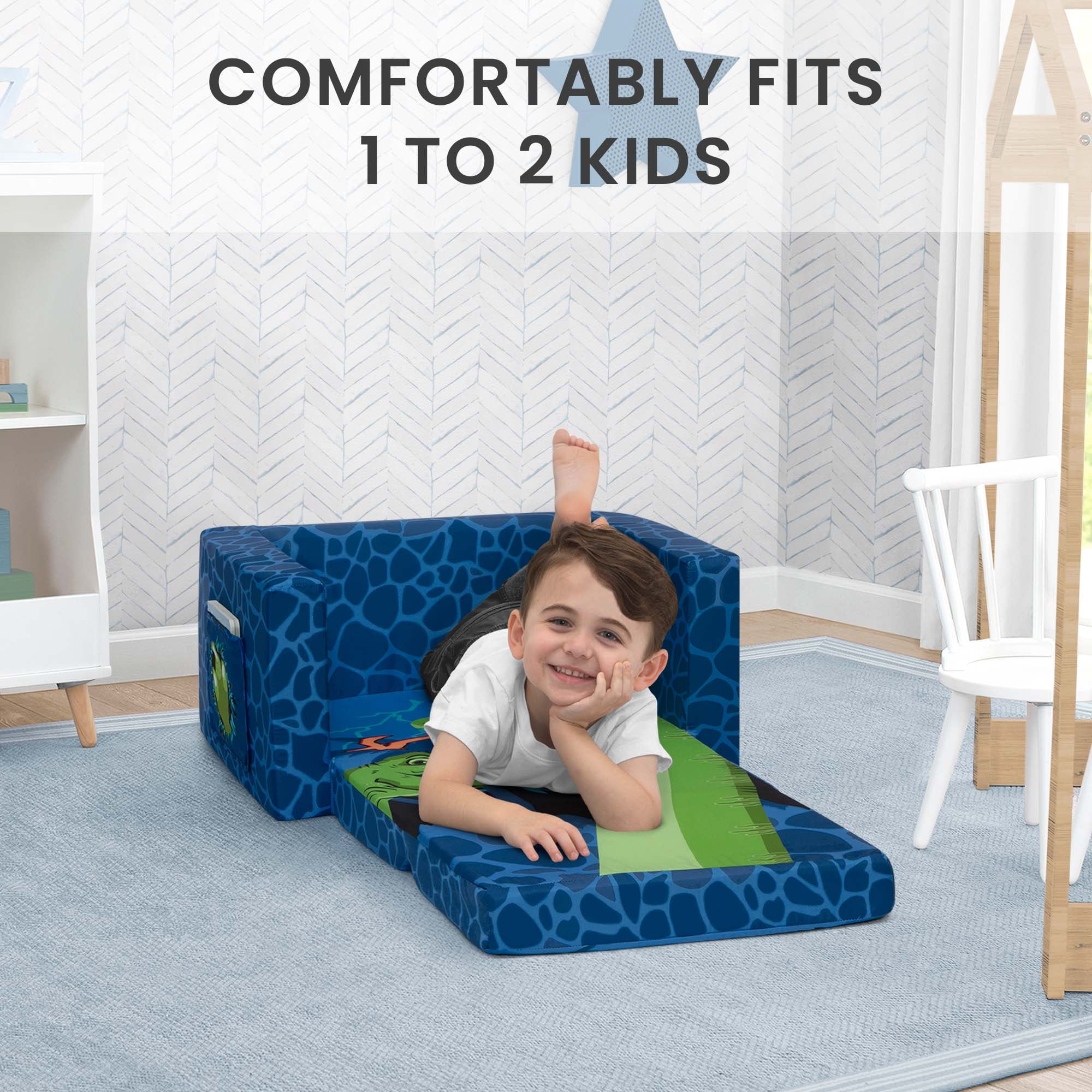 Delta Children Dinosaur Cozee Flip-Out Chair - 2-in-1 Convertible Chair to Lounger for Toddlers & Kids