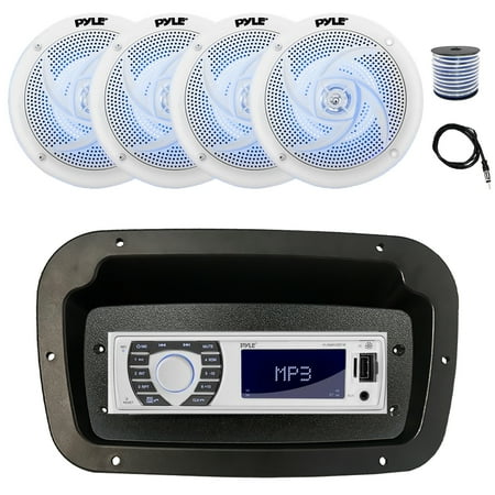 Pyle PLRMR23BTW Single DIN Bluetooth Marine MP3 Stereo Receiver Spa bezel Adapter Plate 22 Radio Antenna Wire 4x 6 240 Watt Max Power 2-Way Blue Flashing LED Audio Speakers (White)