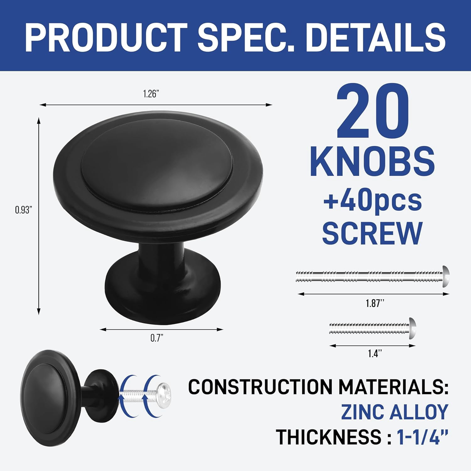 LifeMaster 20pcs 1-1/4" Matte Black Cabinet Knobs - Rust-Proof, Modern Design, Strong Zinc Alloy, Drawer Pulls with Short and Adjustable Screws - Stylish Handles for Kitchen, Dresser, and Cabinets