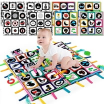 Baby Tummy Time Activity Mat, Newborn Infants Baby Toys 0-3 Months, Pack of 4 Small Activity Mats, Double High Contrast Toy with Teether, Baby Sensory Crinkle Toy,Great Gift for Infants Boys and Girls