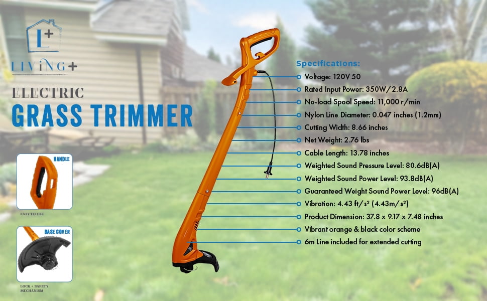 Living + Electric Grass Cutter Corded with 6M Line, String Trimmer, Electric Weed Wacker, Brush Cutter, Bush Trimmer, 250W, Lightweight, and Efficient