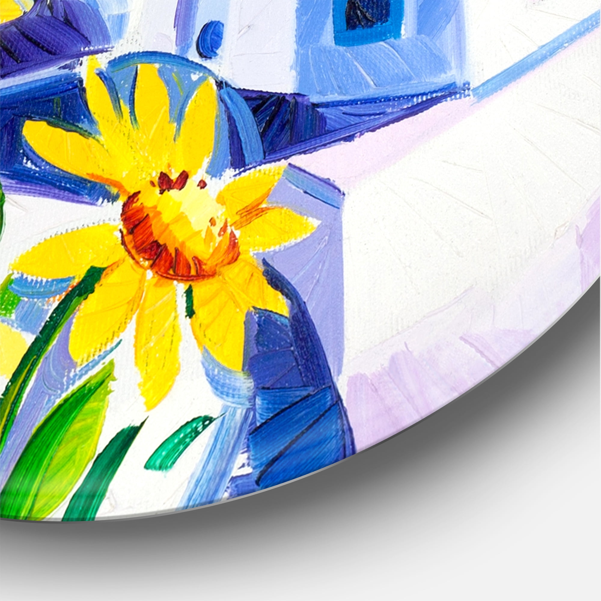 Colorful Traditional Santorini Churches Among Flowers 11 in x 11 in Painting Art Prints, by Designart