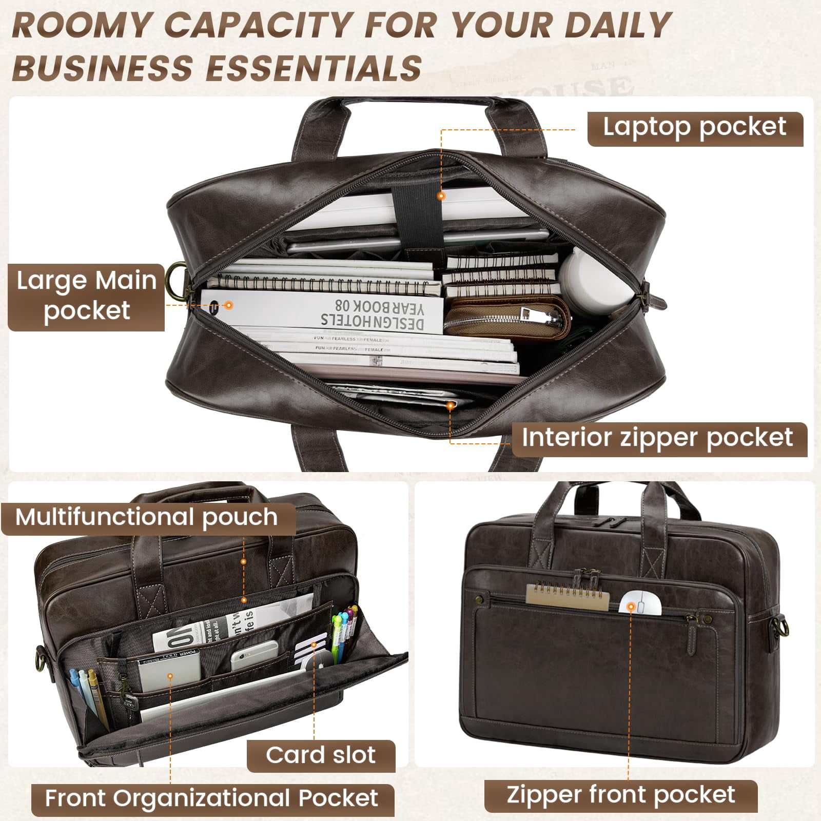 RAINSMORE Mens Laptop Bag 16 Inch Leather Briefcase Vintage Messenger Bag for Men Large Crossbody Shoulder Office Computer Bag Retro College Satchel Bag for Work, Business,Travel,Coffee