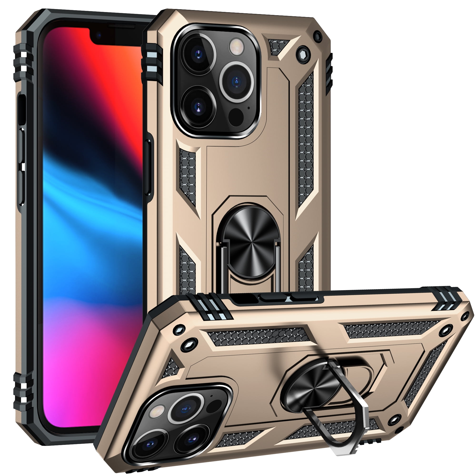 Clear Back Shockproof Cover Case for iPhone 13 Pro Max 2021,Rose Gold WWW Case Compatible with iPhone 13 Pro Max Case 6.7 with Built-in 360° Rotating Ring Kickstand Fit Magnetic Car Mount 