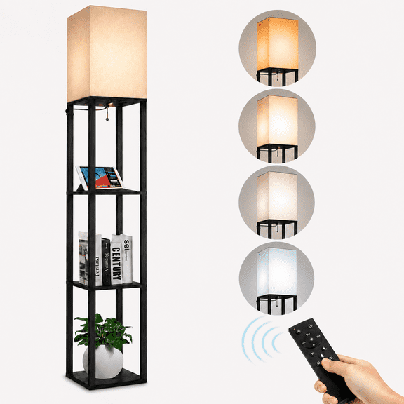 OUTON 63" Floor Lamp with Shelves, Remote Control, 4 Color Temperatures, Modern Stepless Dimmable Standing Lamp with LED Bulb for Living Room, Bedroom, Office