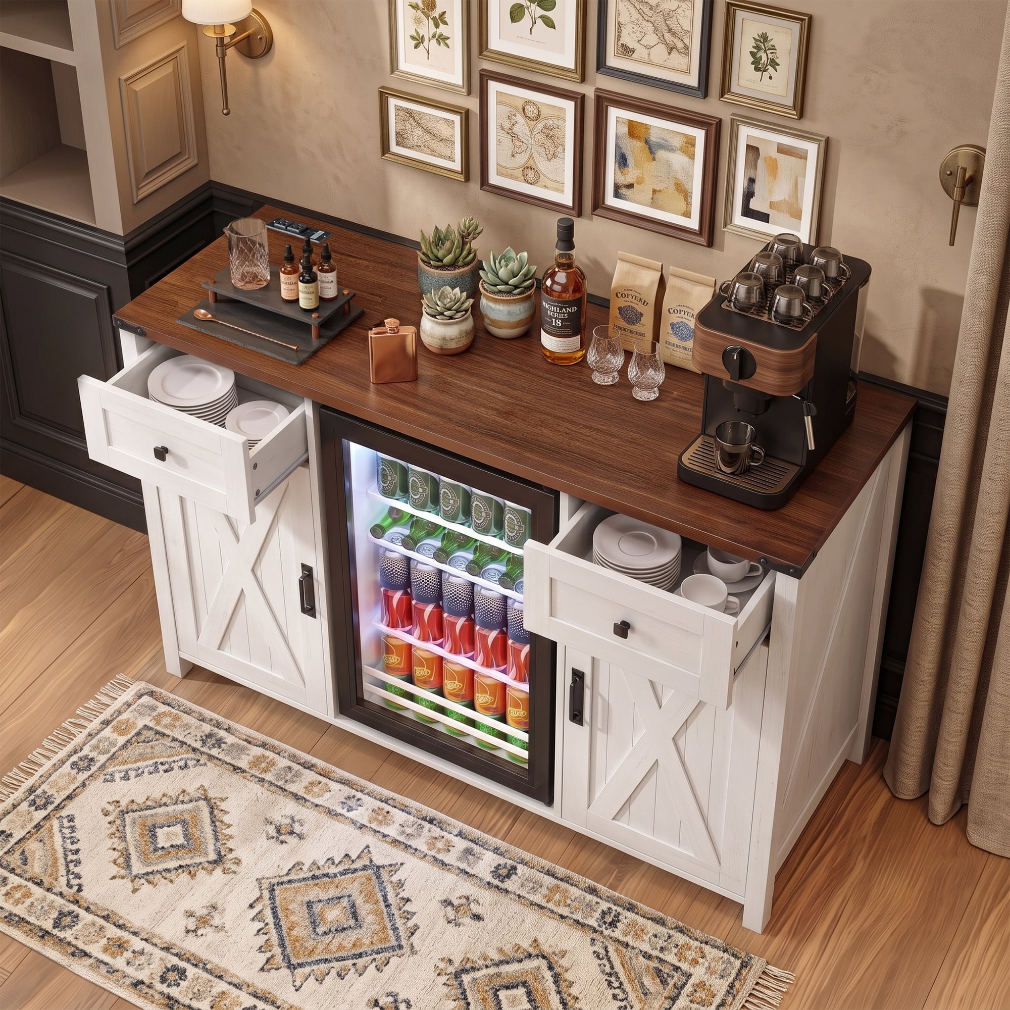 Mintazer 53.2" Farmhouse Coffee Bar Cabinet with Fridge Space & Charging Station, Barn Doors Sideboard Buffet Storage Cabinet with Drawers & Wine Glass Rack for Kitchen Dining Room Home Bar, White