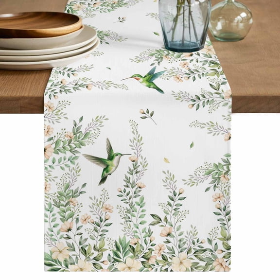 Table Runner 72 Inches Long for Kitchen Dining, Green Eucalyptus Leaves Dresser Scarf Farmhouse, Dining Table Decorations for Wedding/Parties, Birds Flowers Spring Watercolor Floral 18 x 72 In