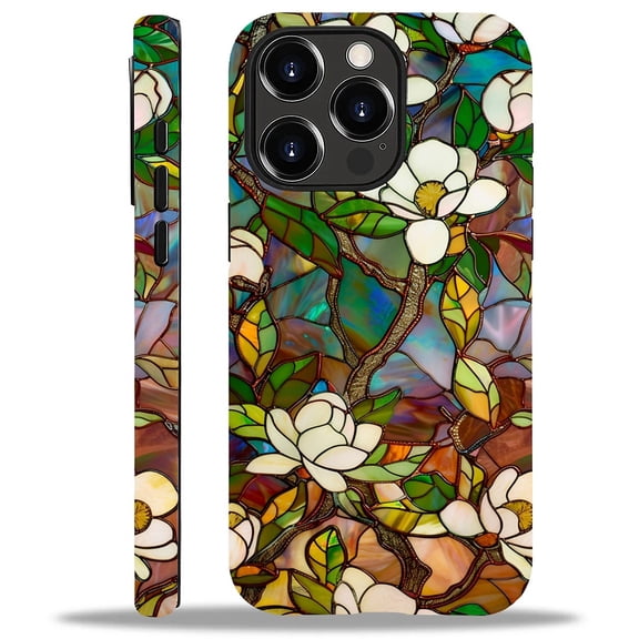 FKBRCL4U Compatible with iPhone 12 Pro Max Glossy Case, Stained Glass Window White Magnolia Blossoms Pattern for Girl Full Body Design Soft Silicone Drop Shock Scratch Protection