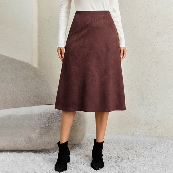 IUYRTFE Women's Faux Suede Midi Skirt High Waist Elastic Back A Line Flared Skirt with Zipper