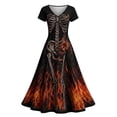 thumbnail image 3 of KICILVS Gothic Clothes For Women Flaming Skeleton And Floral Print Flowing V Neck Long Maxi Dress Halloween Cosplay Gothic Party Dress, 3 of 5
