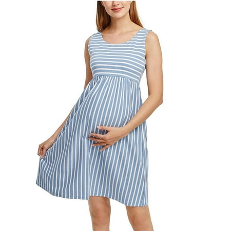 

DAETIROS Stretch Loose Soft Nursing Daily Stripe Sleeveless Street Trend Pregnant Women Dress Light blue