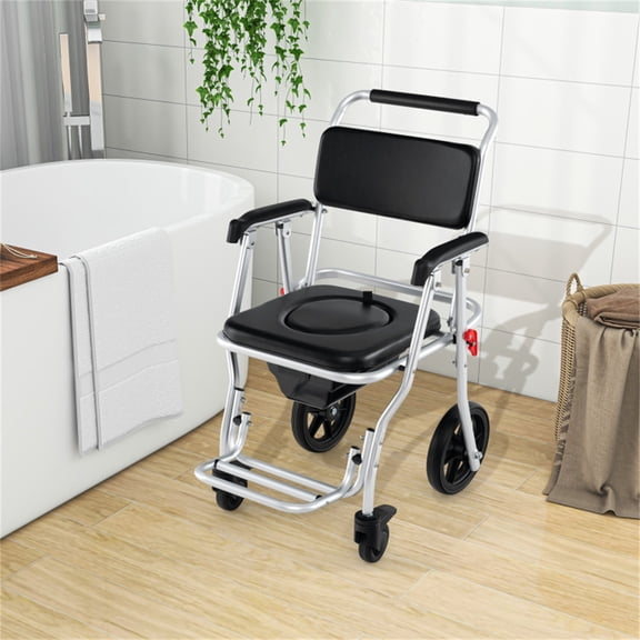 4-in-1 Commode Wheelchair, Bedside Toilet & Shower Chair with 10" Wheels, 330lbs Capacity, Foldable Aluminum for Elderly, Disabled, Post-Surgery, Home Bathroom Safety Aid