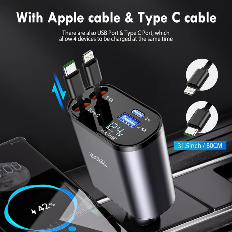 Flexino Retractable Car Charger for iPhone 16, 69W Fast Charging Car Charger USB C, Car Chargers with 2 Retractable Cords 2.6ft, Car Adapter for iPhone 16/15 Series, Galaxy(Grey, Dual Type C