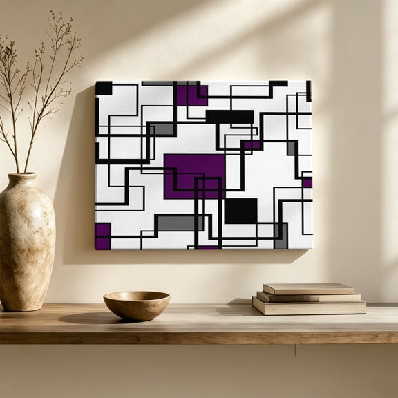 Purple Black Gray Canvas Wall Art, Abstract Geometric Stripes Squares Wall Art Prints Artwork Framed Canvas Ready to Hang Art Pictures for Hallway Living Dining Room Bedroom 24" x 16"