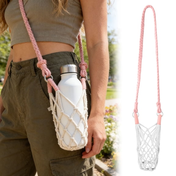 Cloth Crochet Water Bottle Holder With Adjustable Shoulder Durable Can Carrier Mesh Water Bottle Bag For Hiking Walking(Pink-One Size)