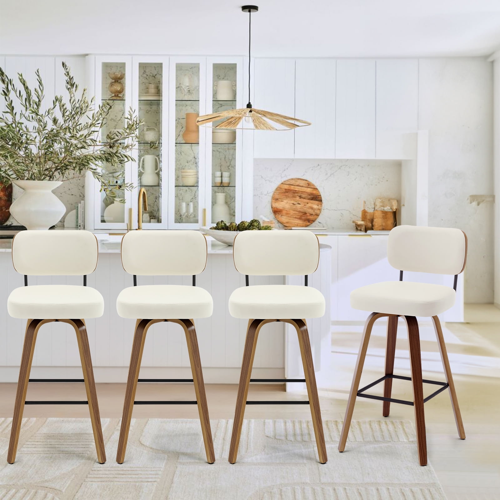 ANMINY Swivel Counter Height Bar Stools, Set of 1, Upholstered Faux Leather Barstools with PU Back, 29" Seat Height Bar Chairs for Kitchen Island, Bentwood Wood Frame