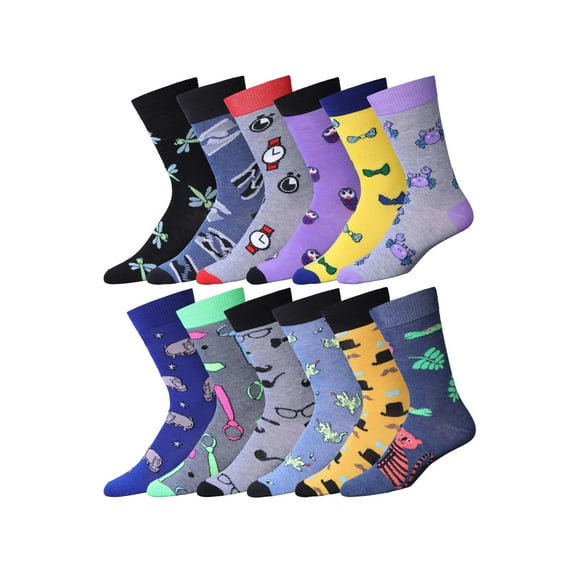 JAMES FIALLO Vibrant Everyday Crew Socks – Multipack of Comfortable Novelty Styles (12 Pack)