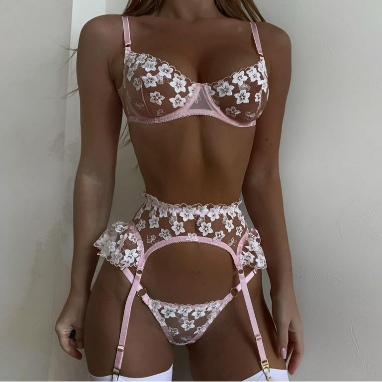 Woman Lace Cut out Lingerie Set Sexy Bra+garter+panty 3 Pieces set  Underwire Underwear set - AliExpress