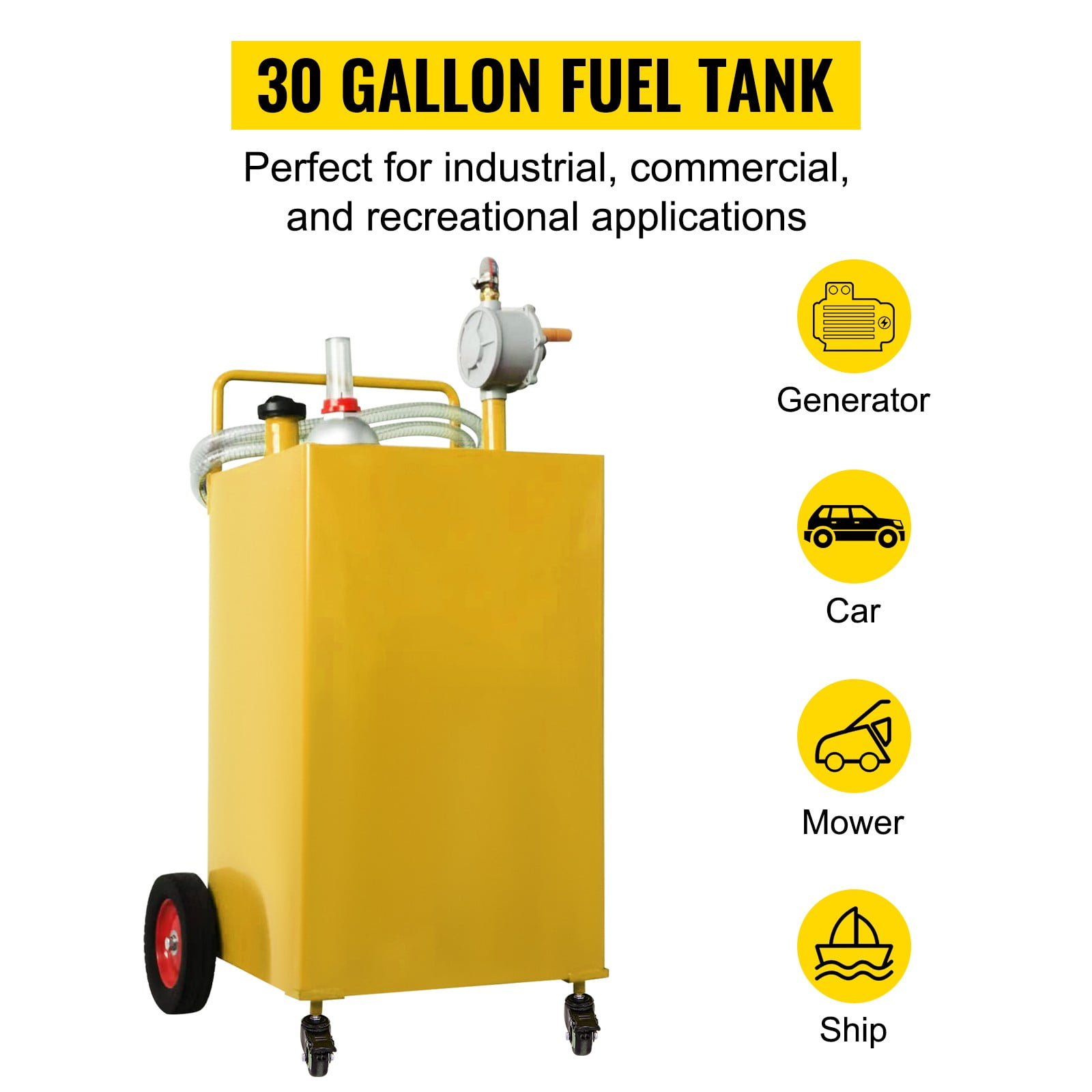 BENTISM Fuel Caddy, 30 Gallon, Gas Storage Tank & 2 Wheels, with Manuel Transfer Pump, Gasoline Diesel Fuel Container for Cars, Lawn Mowers, ATVs, Boats, More, Yellow