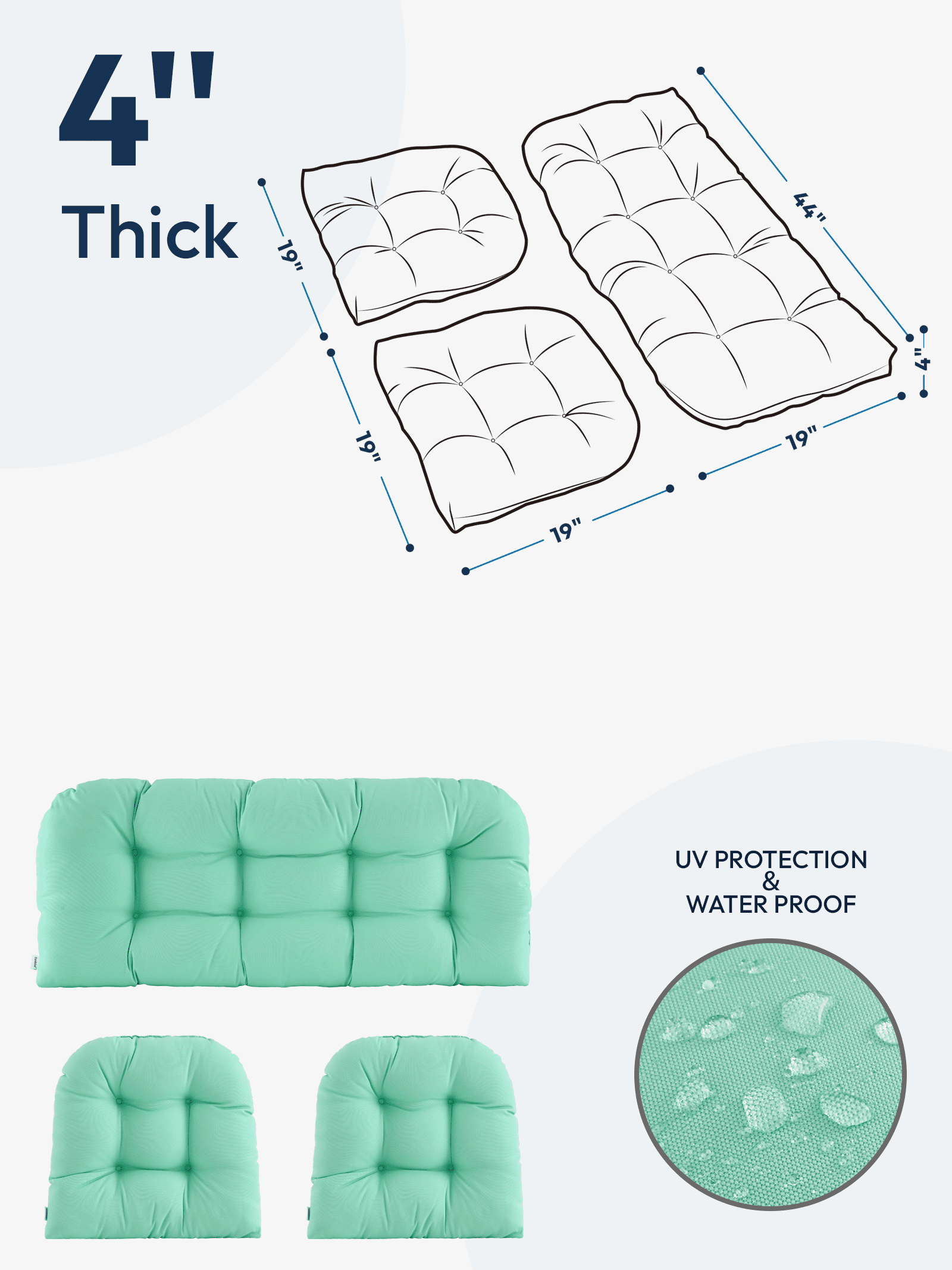 ZEOLABS Outdoor Wicker Chair Cushions of 3 Pieces Waterproof Tufted Seat Cushions set for Patio Furniture Sofa Bench Settee Couch, 1 Loveseat and 2 U-Shaped Cushions, Aqua Blue