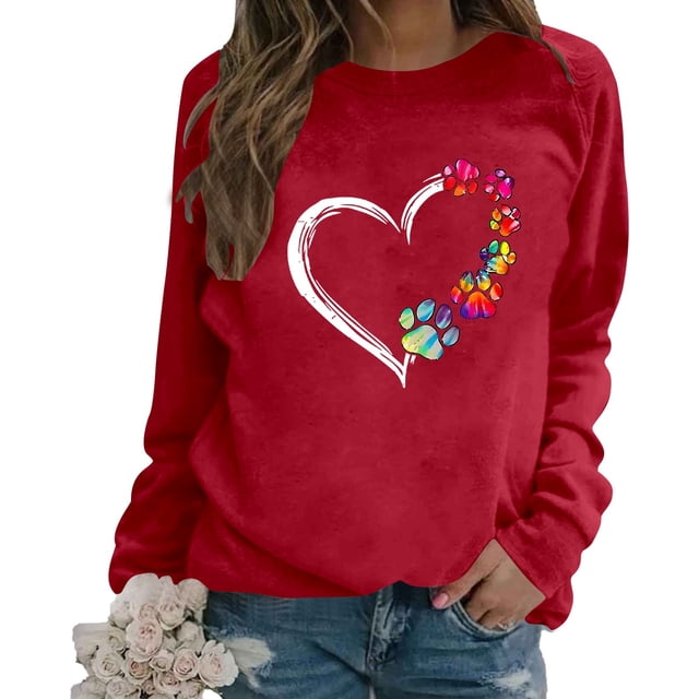 GPOECD Mode Femme Décontractée Couleur Unie Manches Longues Imprimé Lettre Col Rond Chandail en Molleton Sans Capuche Coupe Ample Chandail Confortable Rouge,P