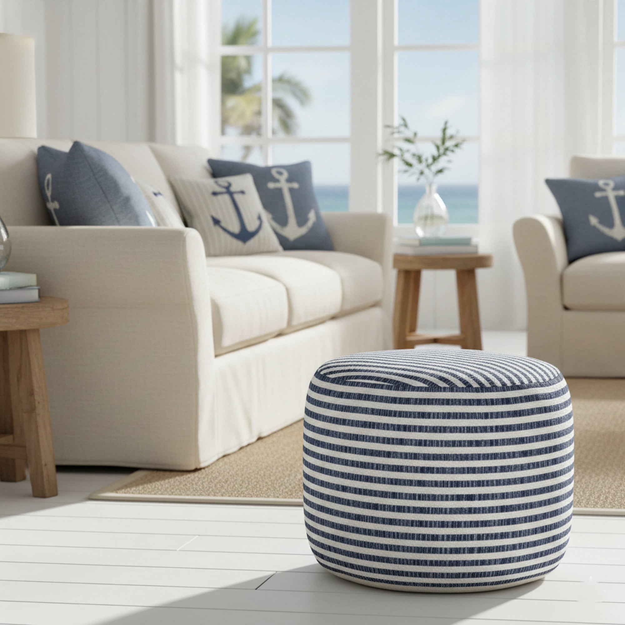 LR Home Oakley Round Blue/White Striped Indoor Small Pouf Ottoman, 14" H x 18" W