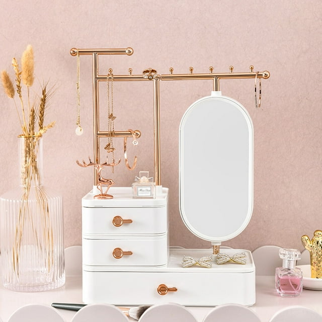 Jewelry Storage Box Necklace Holder Storage Box Bathroom Desktop Beauty Makeup Organizer Waterproof Rack High Definition Mirror White