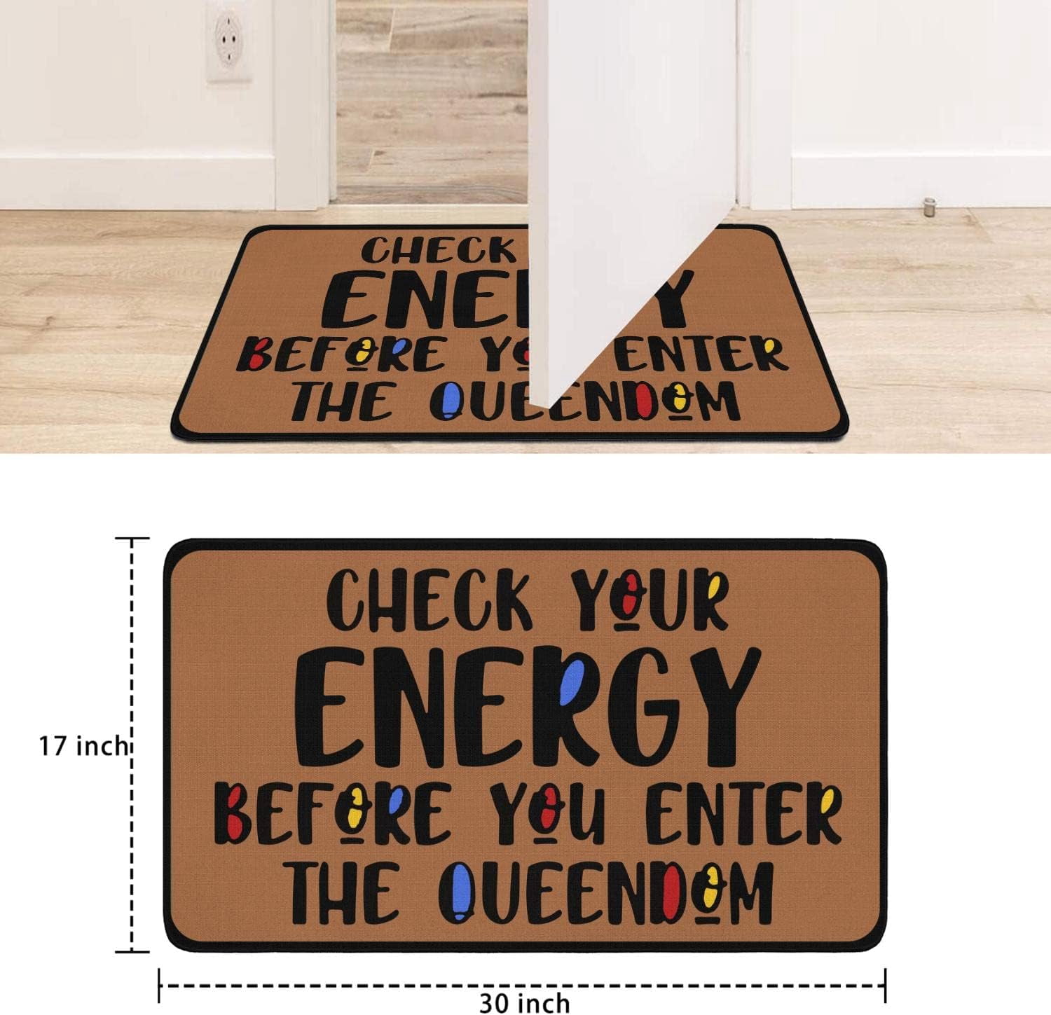Linen Door Mat Check Your Energy Dirt Resist Funny Rug Indoor and Outdoor Front Entrance Doormat Home Decor Heavy Rubber Backing for Non Slip, 30" X 17"