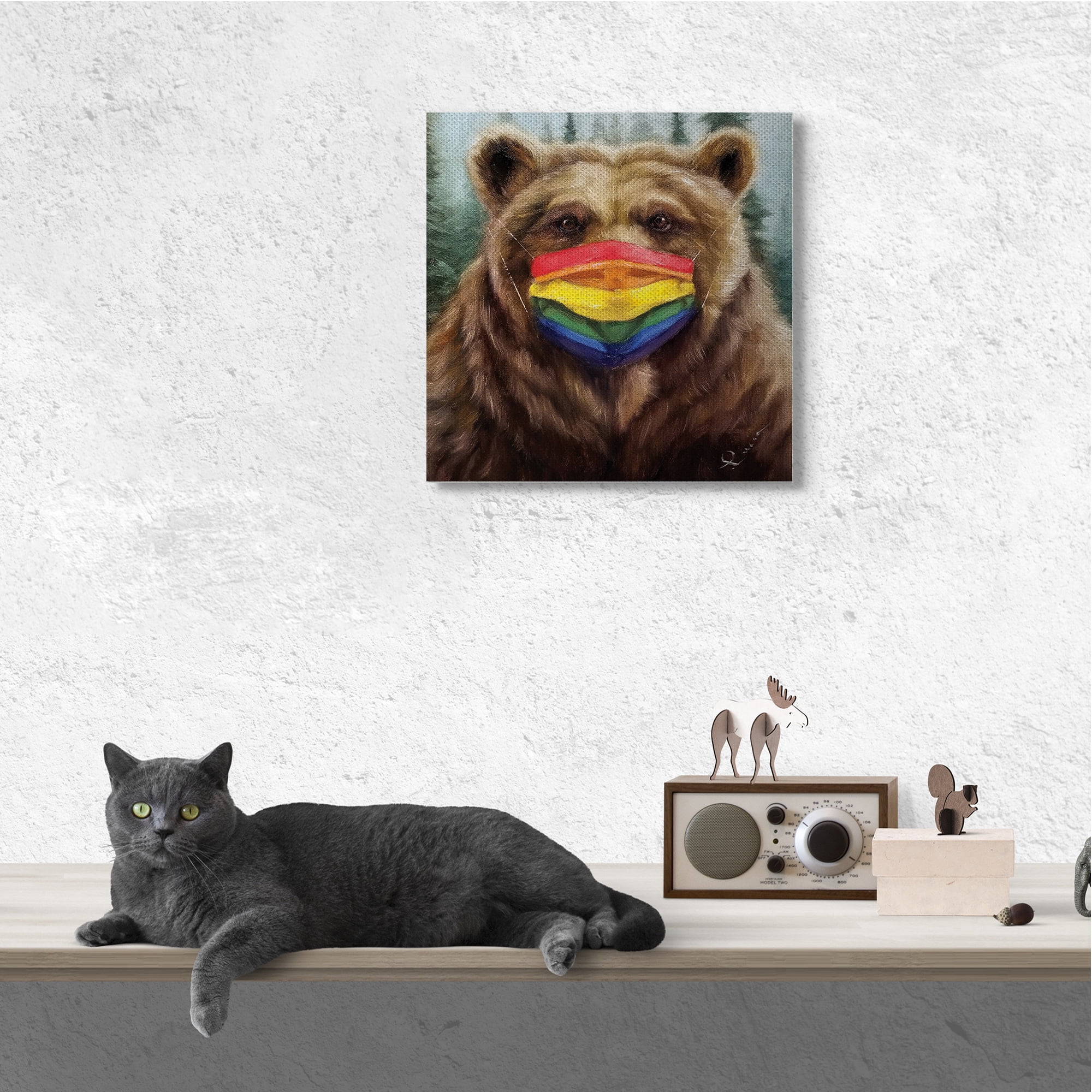 Stupell Industries Brown Bear Rainbow Face Mask Forest Animal Animals & Insects Painting Gallery Wrapped Canvas Art Print Wall Art, 24 x 24