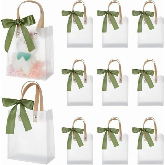 24 Pcs Clear Plastic Gift Bags with Handles 9.2x5.1x2.8inch Frosted Plastic Gift Bags with Olive Drab Ribbon Party Favor Bags Reusable Plastic Clear White Bag