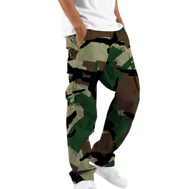 KIHOUT Pants for Men Cargo Sweatpants Camouflage Elastic Waist Straight Tube Drawstring Pocket Loose Trousers