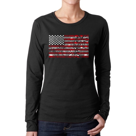 Women's Word Art Long Sleeve T-Shirt - Fireworks American Flag