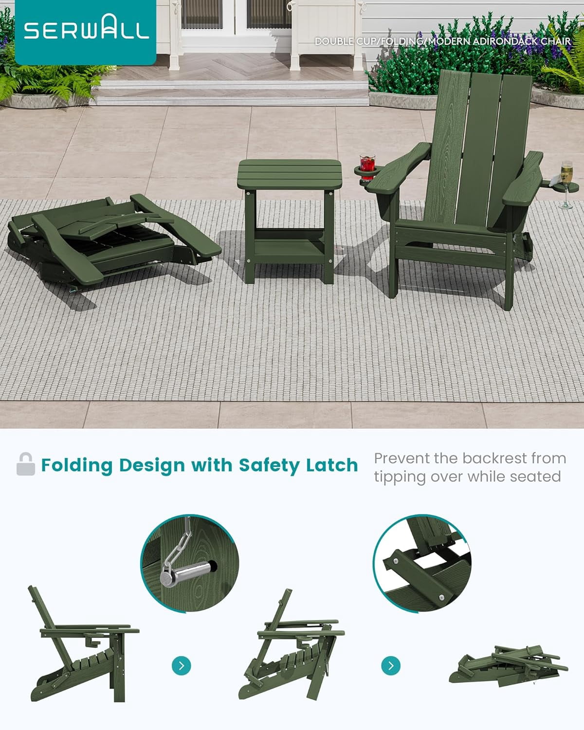 CHTER Modern Adirondack Chair, Folding Adirondack Chair with Dual Cup Holders, Outdoor HDPE Fire Pit Chair for All Weather Use, Avocado Green