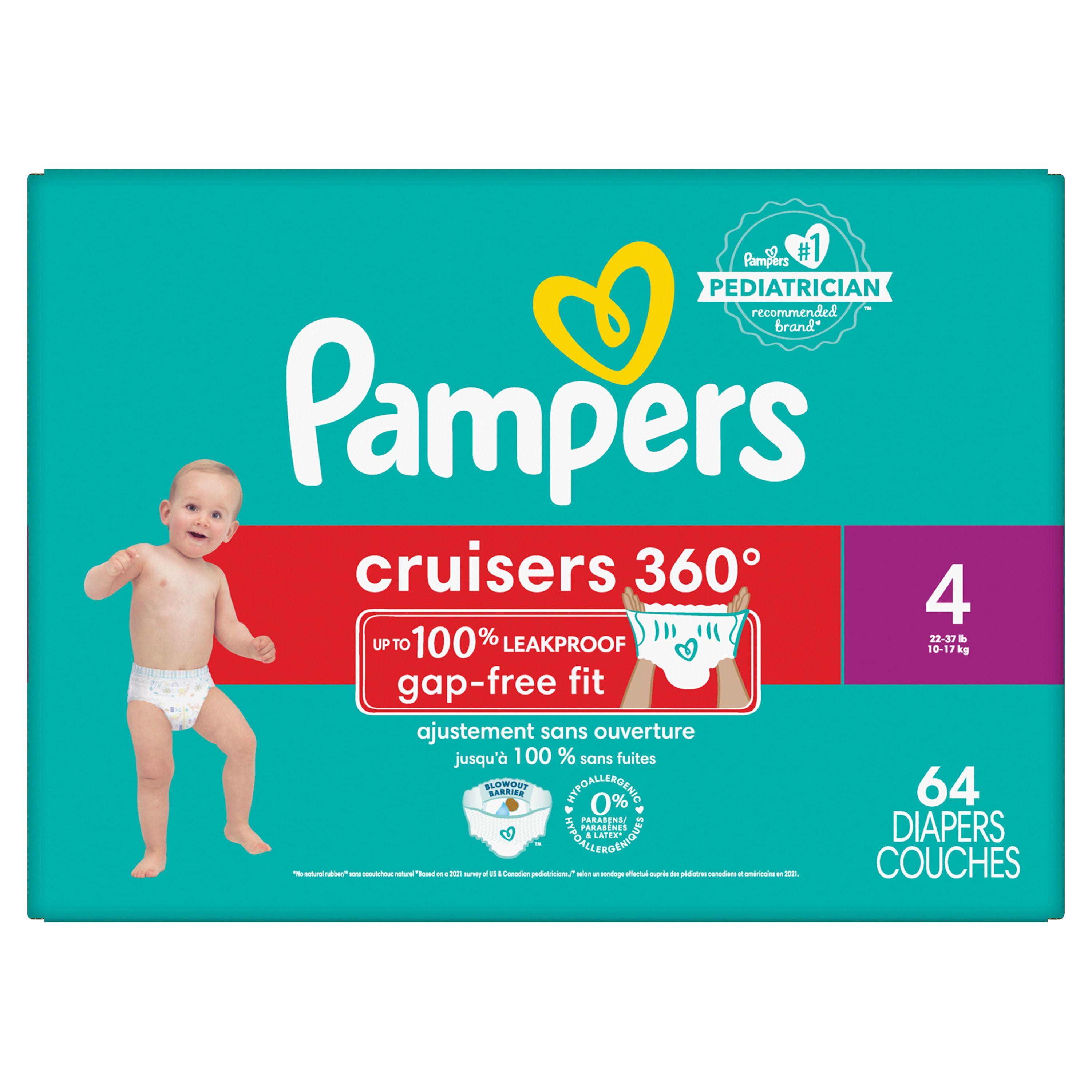 Couches Pampers Cruisers 360°, ajustement jusqu’à 100 % sans fuites, conçues pour les bébés actifs, couche à enfiler, rabats rapides conçus pour faciliter les changements, taille 4 64 Unité