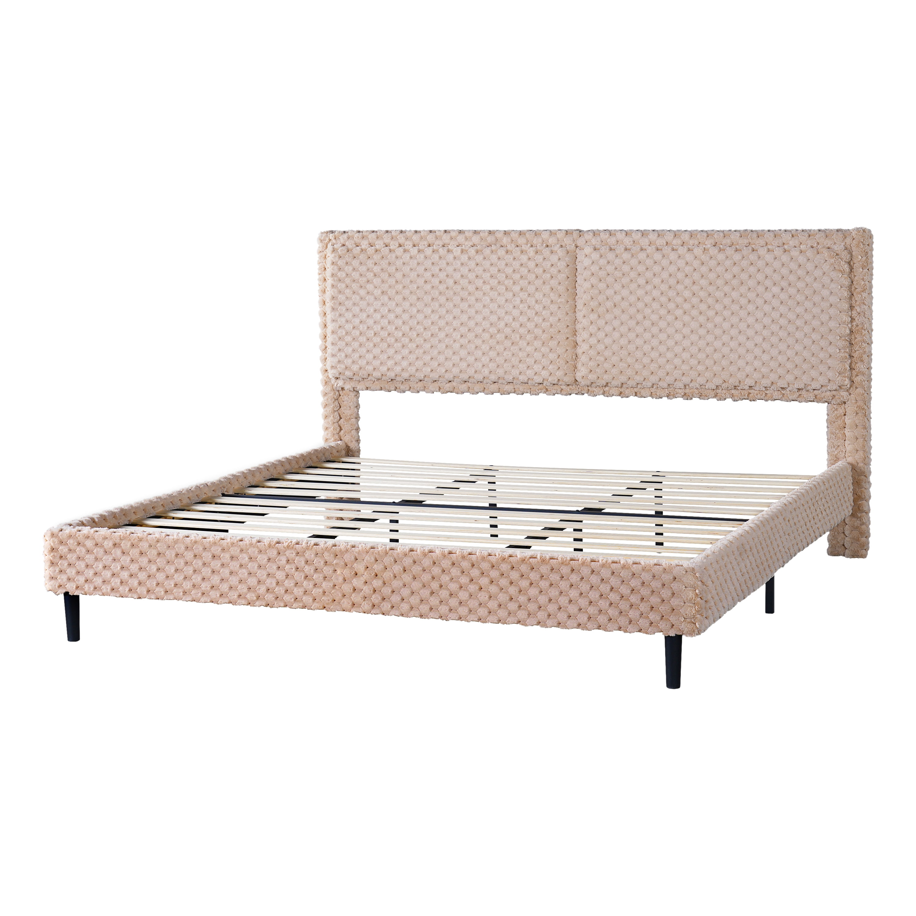 Mintazer King Size Upholstered Platform Bed Frame with Wingback Headboard, Textured Plush Fabric Bed with Metal Support, No Box Spring Needed, Camel