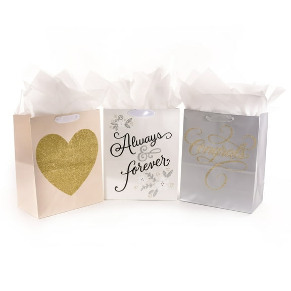 Hallmark 13" Large Wedding Gift Bags with Tissue Paper - Pack of 3 (Gold Glitter Heart, Grey, Blush, White)