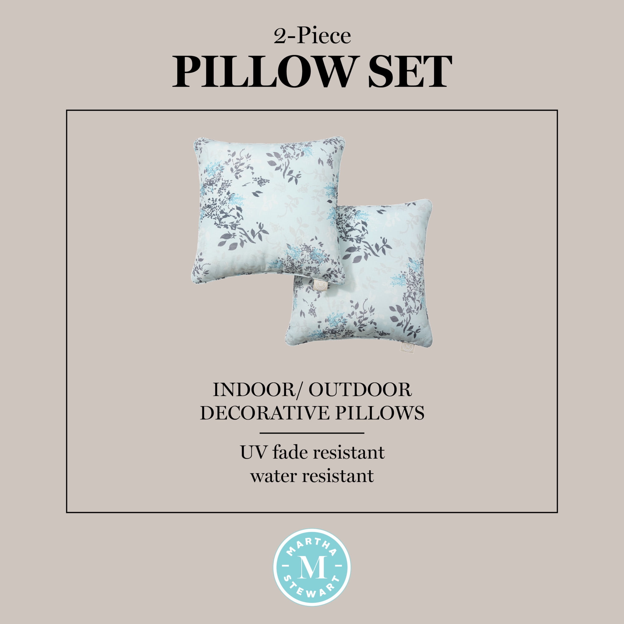 MARTHA STEWART Charming Foliage Indoor Outdoor Decorative Pillow 2-Pack Set, UV Fade Resistant, Water Repellent, Printed Floral Design, Aqua Blue, 18"x18"