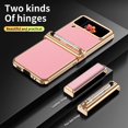 thumbnail image 2 of MonsDirect for 6.7 inch Samsung Galaxy Z Flip 3 5G 2021 Case with A Capacitance Pen, Two Hinge Protection Plating PC Frame Leather Grain Shockproof with S Pen Holder for Galaxy Z Flip 3, Gold Pink, 2 of 7
