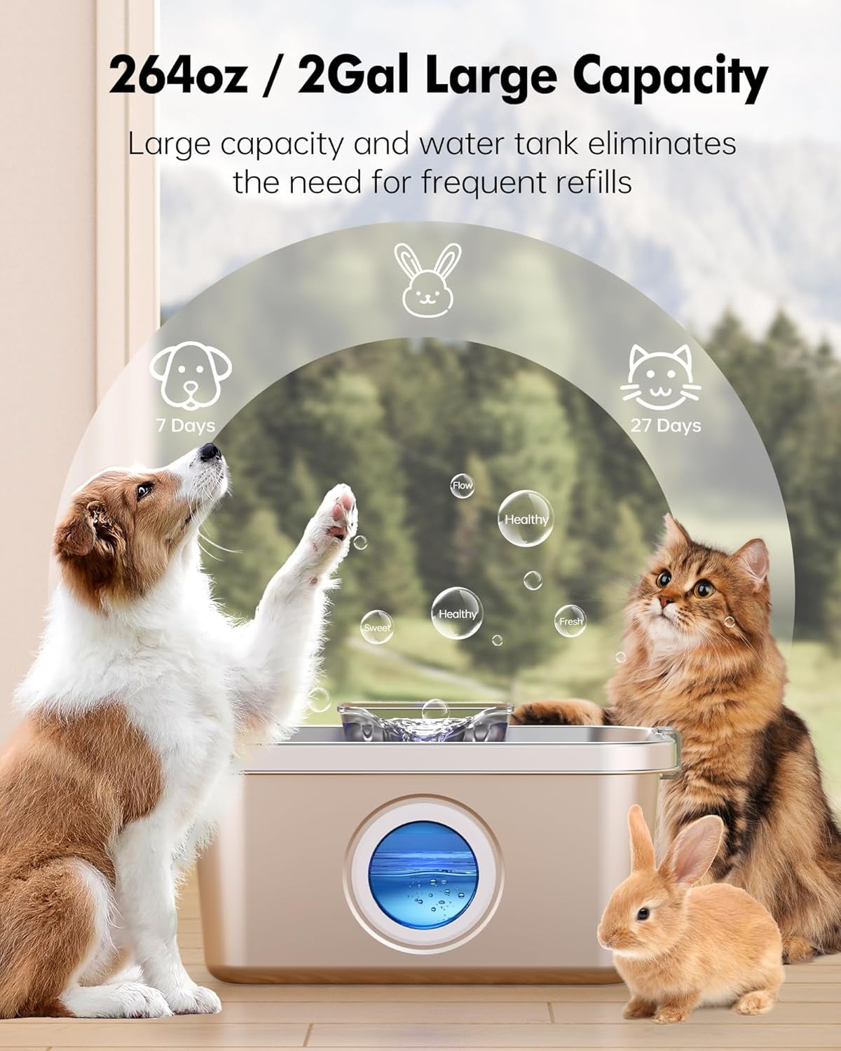 Dog Water Fountain 2 Gal, Stainless Steel Dog Water Fountain for Large Dogs Multi-Cats, Pet Water Fountain with Big Window, Super-Quiet Pump, Indoor Automatic Dog Water Bowl Dispenser Fountain