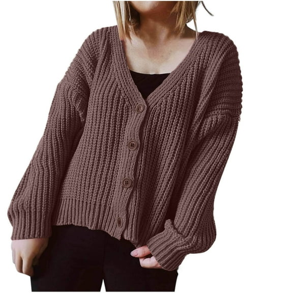 Fesfesfes Women's Chunky Knit Cardigan Deep V-Neckline Long Sleeves with Ribbed Cuffs Slouchy Buttons Cozy Fabric for Casual and Outfits(Coffee,L)