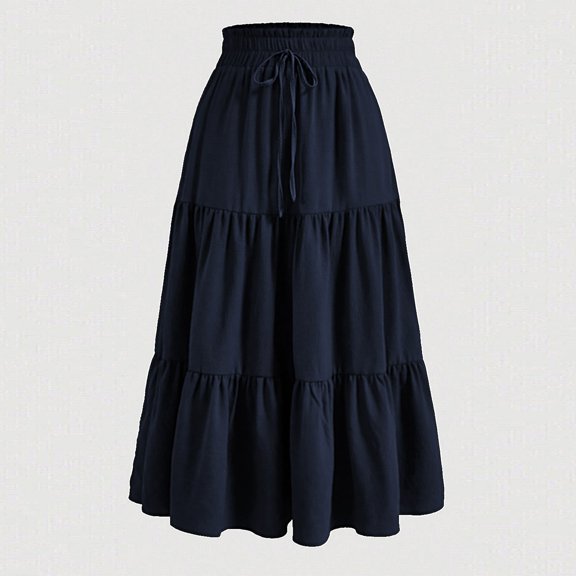 Summer Women's Midi Skirts Boho High Elastic Waist Fake Drawstring Print A line Casual Cute Skirt
