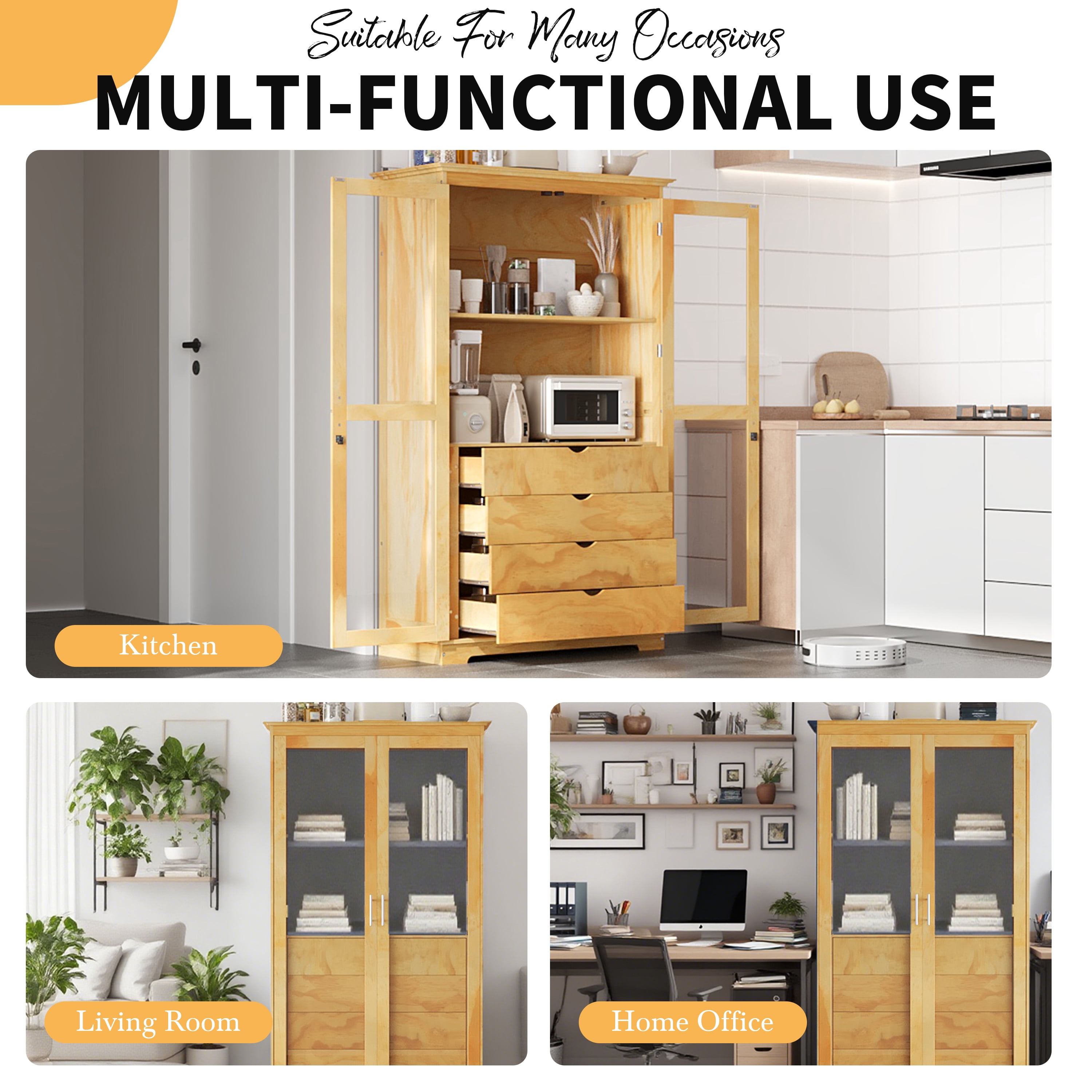 Harper & Bright Designs Farmhouse Kitchen Pantry Cabinet with Microwave Shelf, Tall Kitchen Storage Cabinet with Glass Door, Freestanding Hutch with 4 Built-in Drawers, 75", Natural