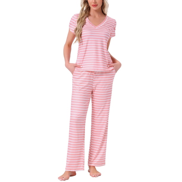 Pijamas para mujeres INSPIRE CHIC, camiseta de cuello en V de manga corta con pantalones de tiro ajustable, conjuntos de lounge impresos con bolsillos, M, rayas rosas